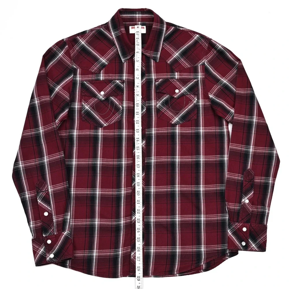 True‎ Religion Shirt Mens Small Plaid L/S Pearl Snap Rancher Work Embroidered